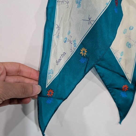 Sacha 100% Silk Floral Long Scarf Teal Cream VINTAGE - Picture 2 of 4